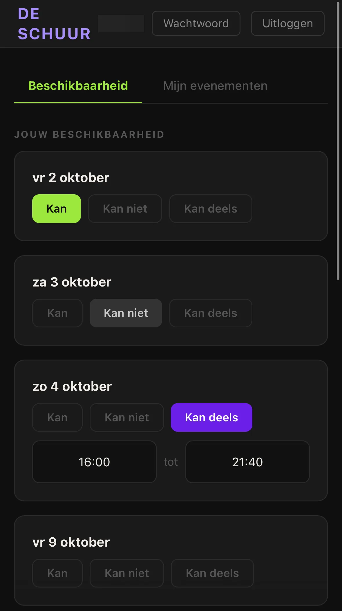 Scherm waar een medewerker per dag aanduidt of die kan, niet kan of deels kan, met een begin- en einduur.
