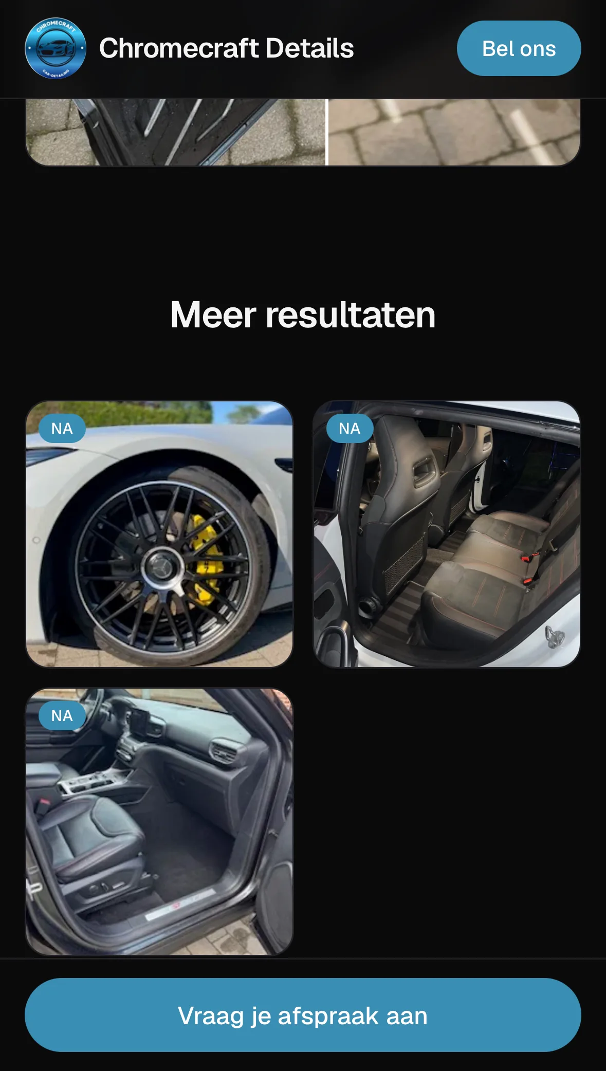 Foto's van gepoetste wagens: een velg en twee interieurs, met onderaan een vaste knop om een afspraak aan te vragen.